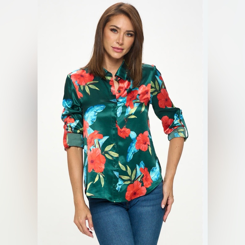 White Rhino floral blouse button-down design collar rollable long sleeves size S
